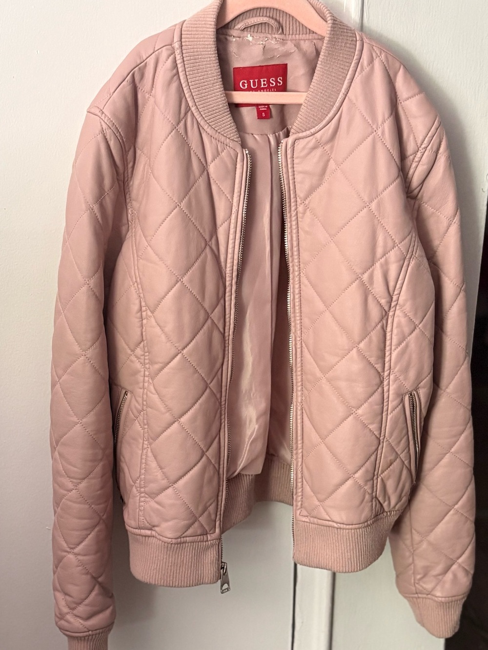 GUESS Quilted Bomber Jacket in Light Blush Pink